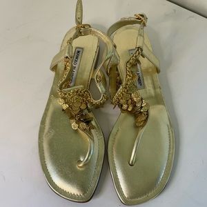 Manolo Blahnik Gold Leather Coin Embellished Thong